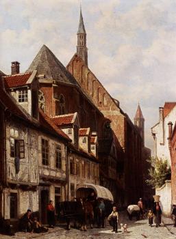 科內利斯 斯普林格 A Busy Street In Bremen With The Saint Johann Church In The Background